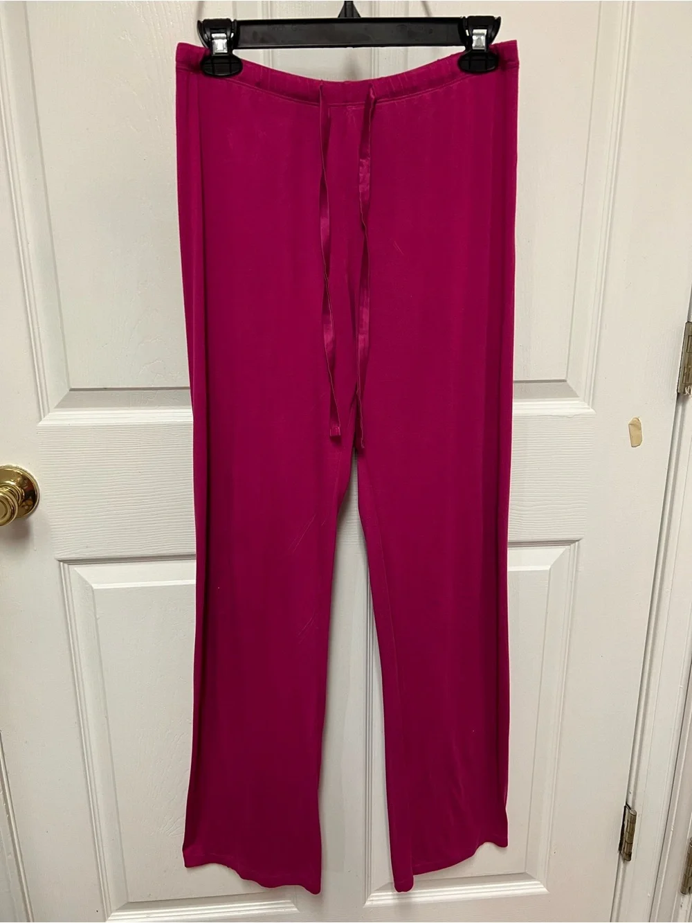 Women's Magenta Satin Front Pajama Set with Lace Trim